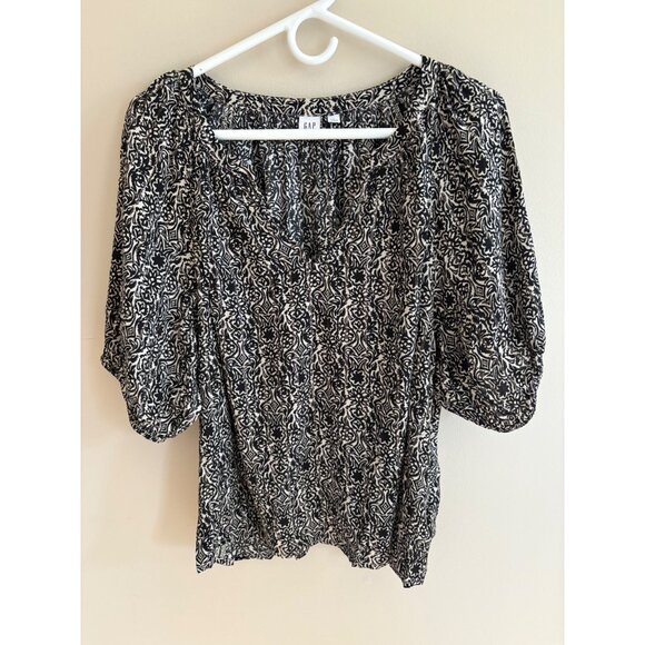 GAP Black & White Boho Floral Metallic Print Puff Sleeve Blouse Size Large - Picture 2 of 12